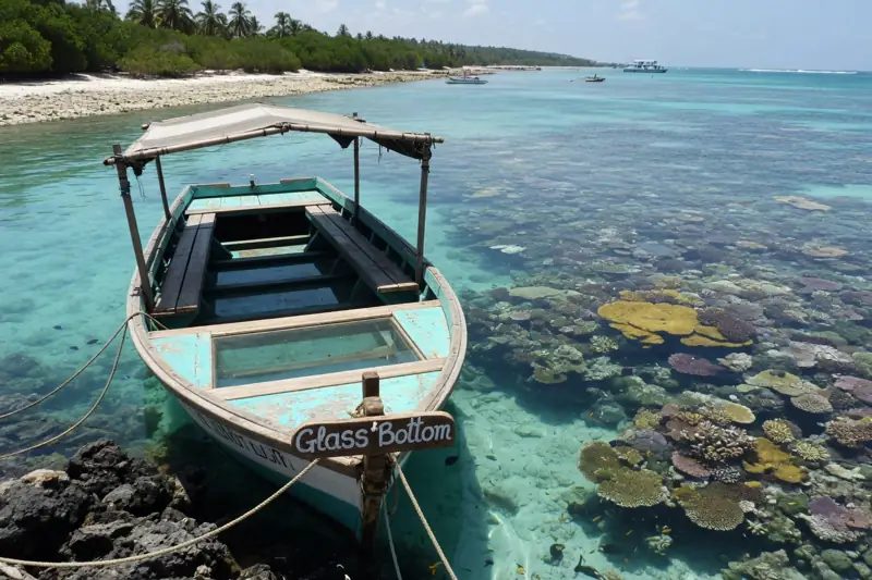 A glass-bottom boat over the coral reef on the Mombasa coast