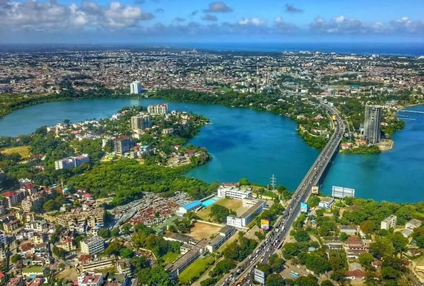 Aerial view of the Nyali Bridge across the creek at Mombasa